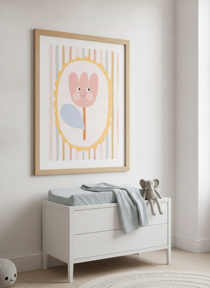 Soft neutral wall art styled in a serene nursery with pastel tones