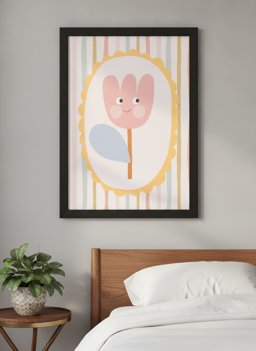Minimalist artwork displayed in a calm, light-filled bedroom interior