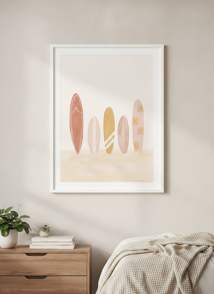 Minimalist artwork displayed in a calm, light-filled bedroom interior