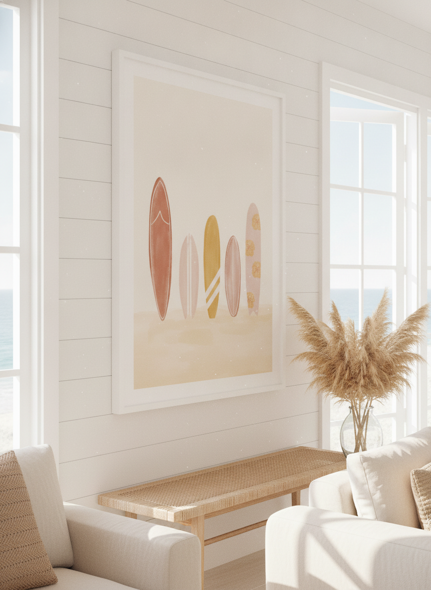 Neutral wall art displayed in a sunny coastal beach house