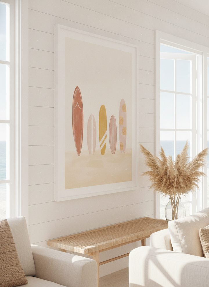 Neutral wall art displayed in a sunny coastal beach house