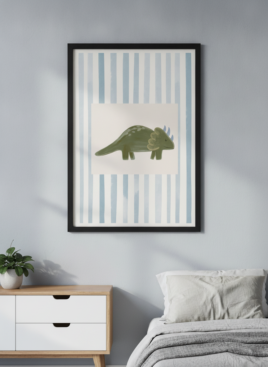 Minimalist artwork displayed in a calm, light-filled bedroom interior