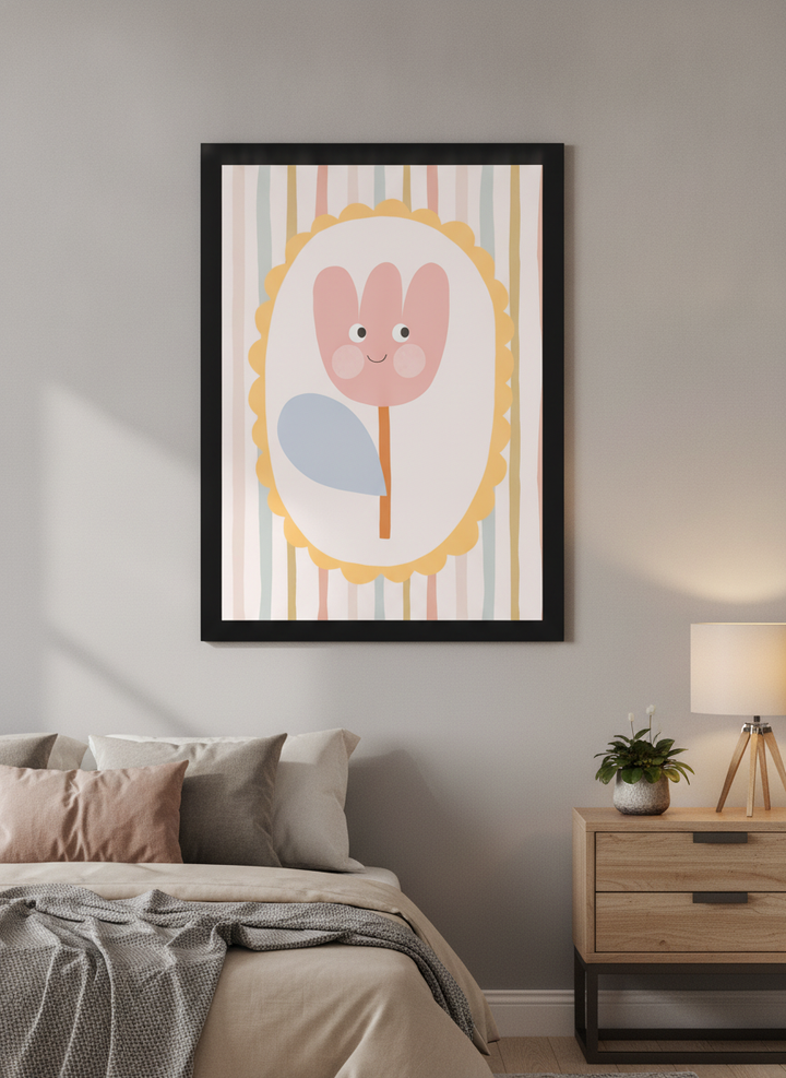 Minimalist artwork displayed in a calm, light-filled bedroom interior