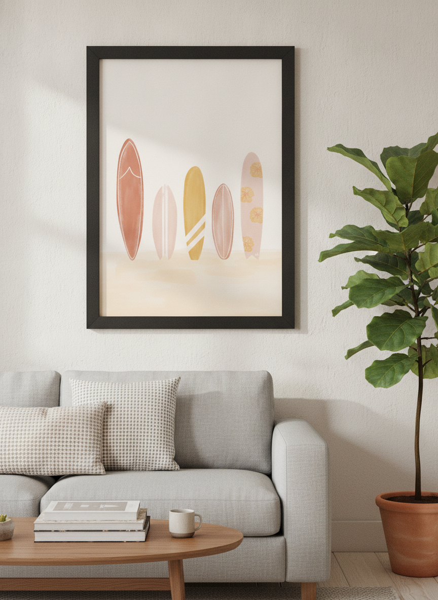 Modern wall art styled above a sofa in a neutral living room