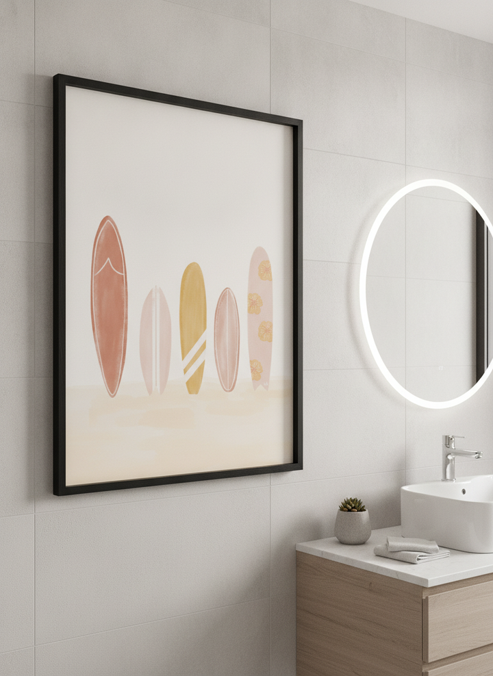 Modern print displayed in a clean minimalist bathroom setting