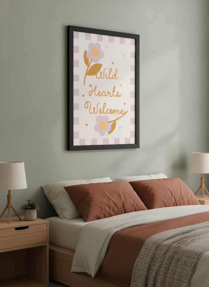 Minimalist artwork displayed in a calm, light-filled bedroom interior