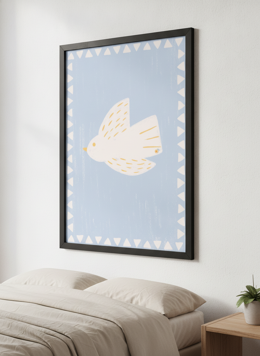 Minimalist artwork displayed in a calm, light-filled bedroom interior