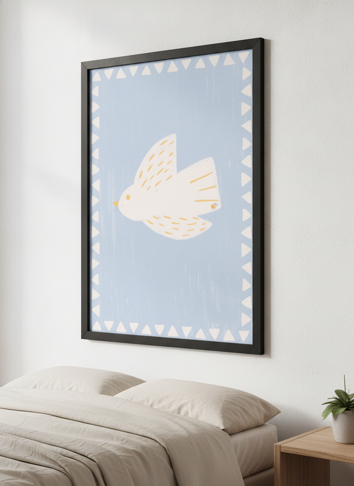 Minimalist artwork displayed in a calm, light-filled bedroom interior
