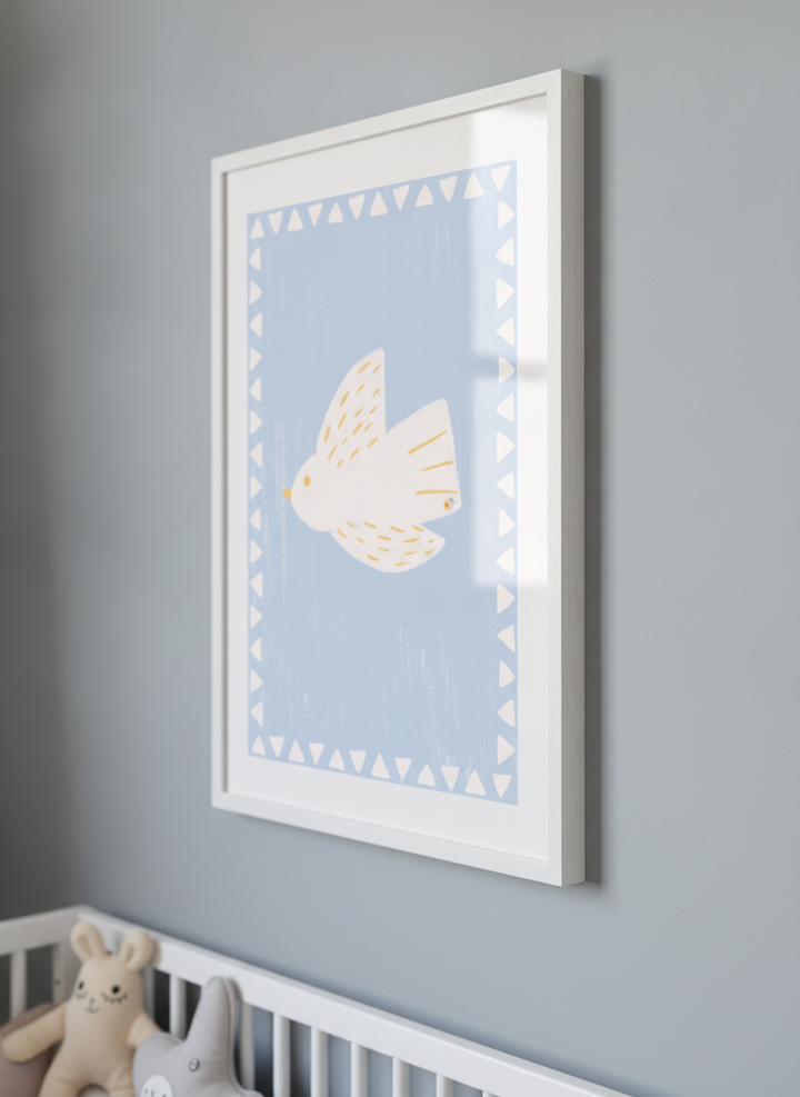 Soft neutral wall art styled in a serene nursery with pastel tones