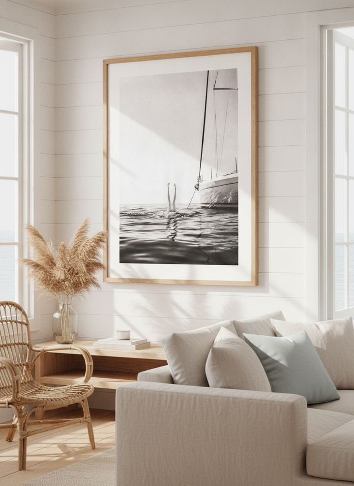 Neutral wall art displayed in a sunny coastal beach house