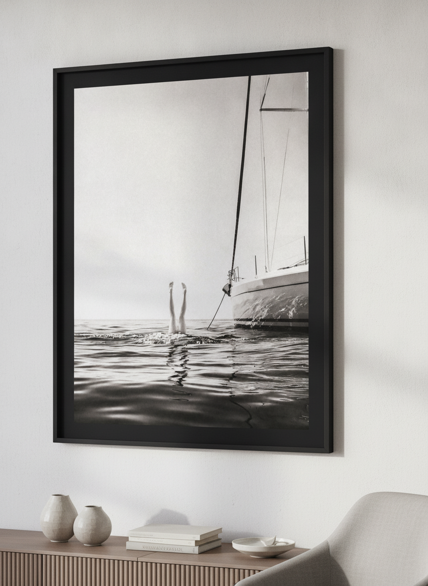 Modern wall art styled above a sofa in a neutral living room