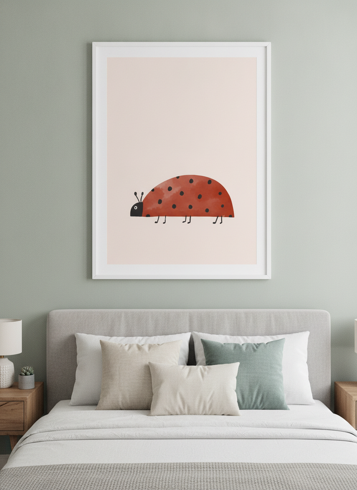 Minimalist artwork displayed in a calm, light-filled bedroom interior