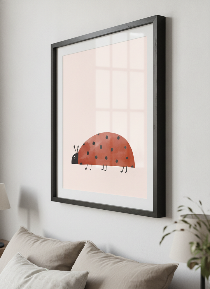 Minimalist artwork displayed in a calm, light-filled bedroom interior