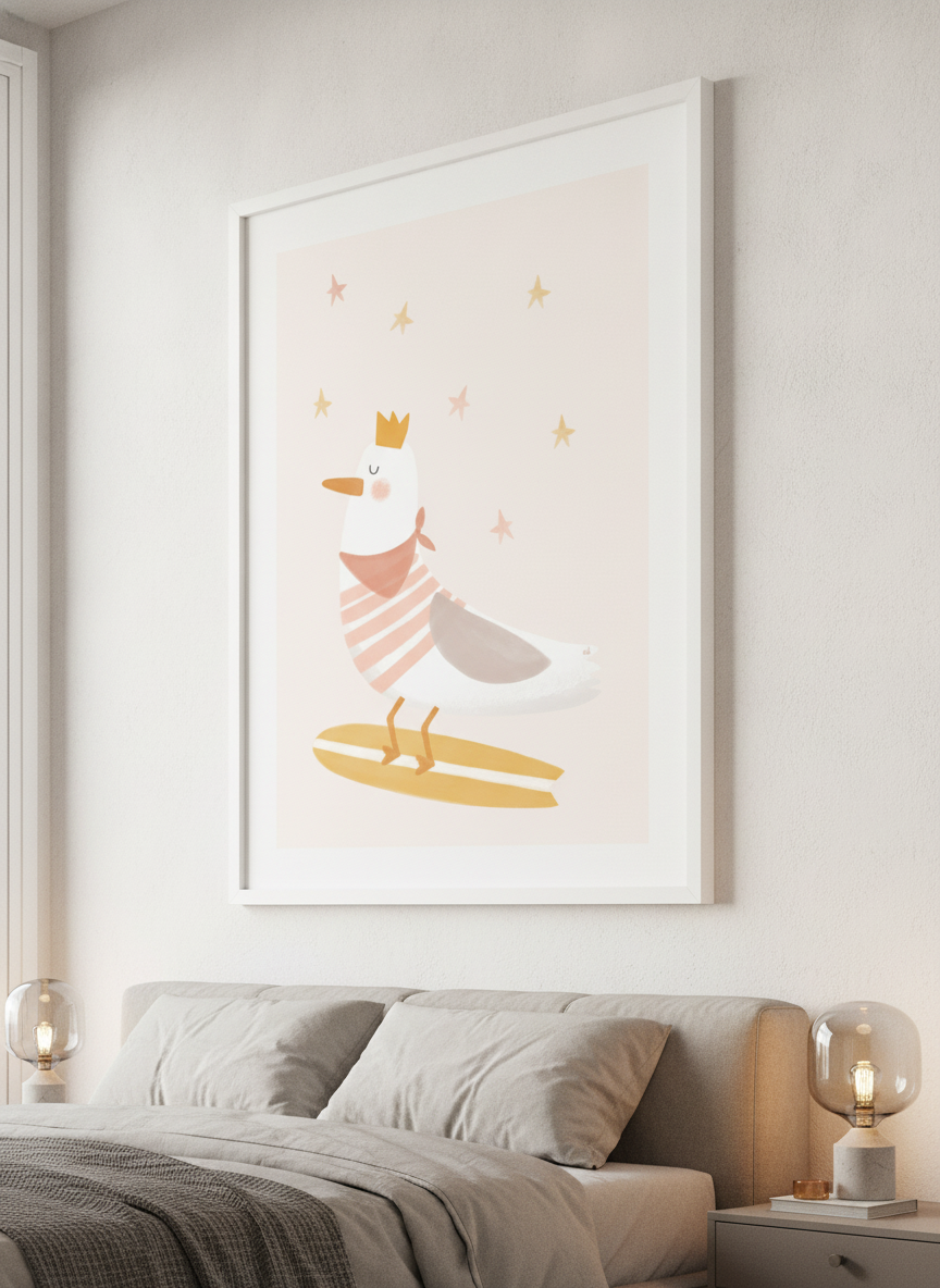 Minimalist artwork displayed in a calm, light-filled bedroom interior