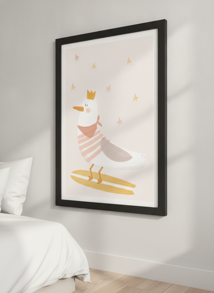 Minimalist artwork displayed in a calm, light-filled bedroom interior
