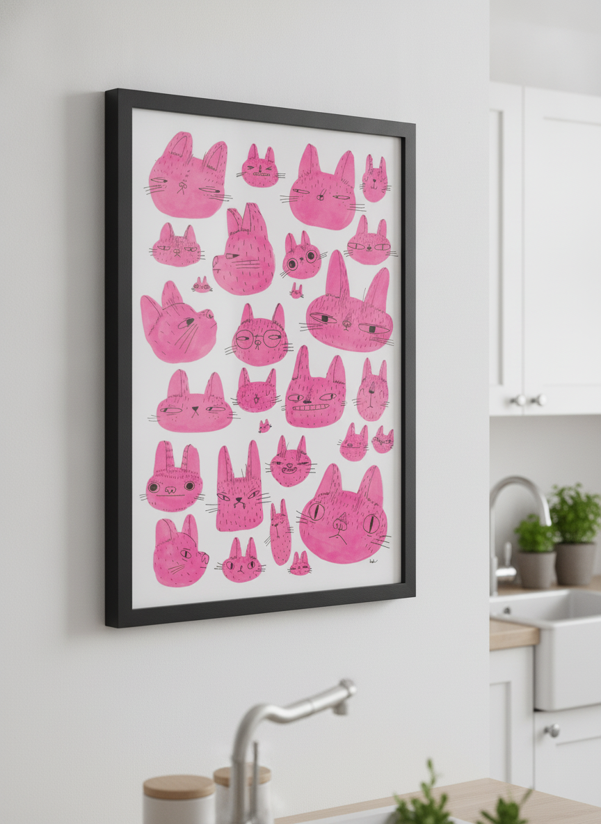Artwork styled on the wall of a bright modern kitchen