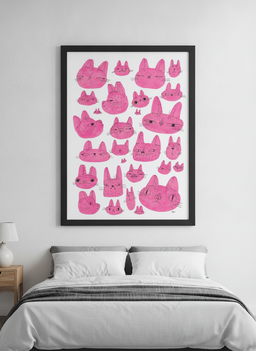 Minimalist artwork displayed in a calm, light-filled bedroom interior