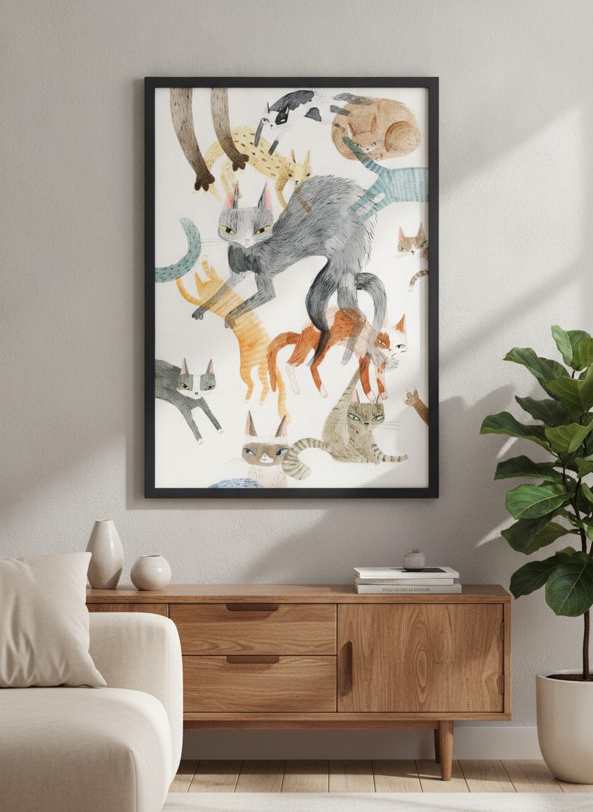 Modern wall art styled above a sofa in a neutral living room