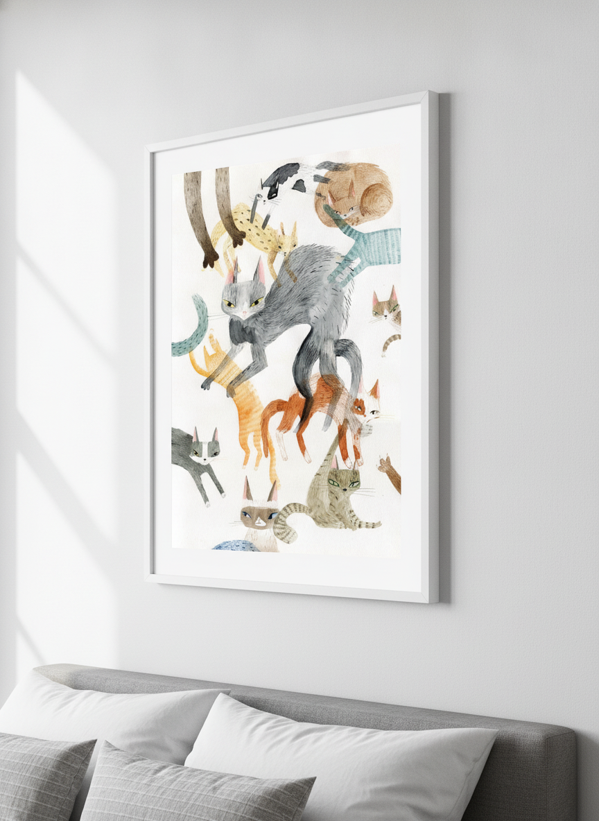 Minimalist artwork displayed in a calm, light-filled bedroom interior