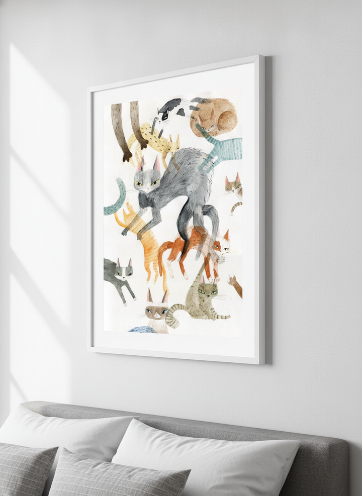 Minimalist artwork displayed in a calm, light-filled bedroom interior