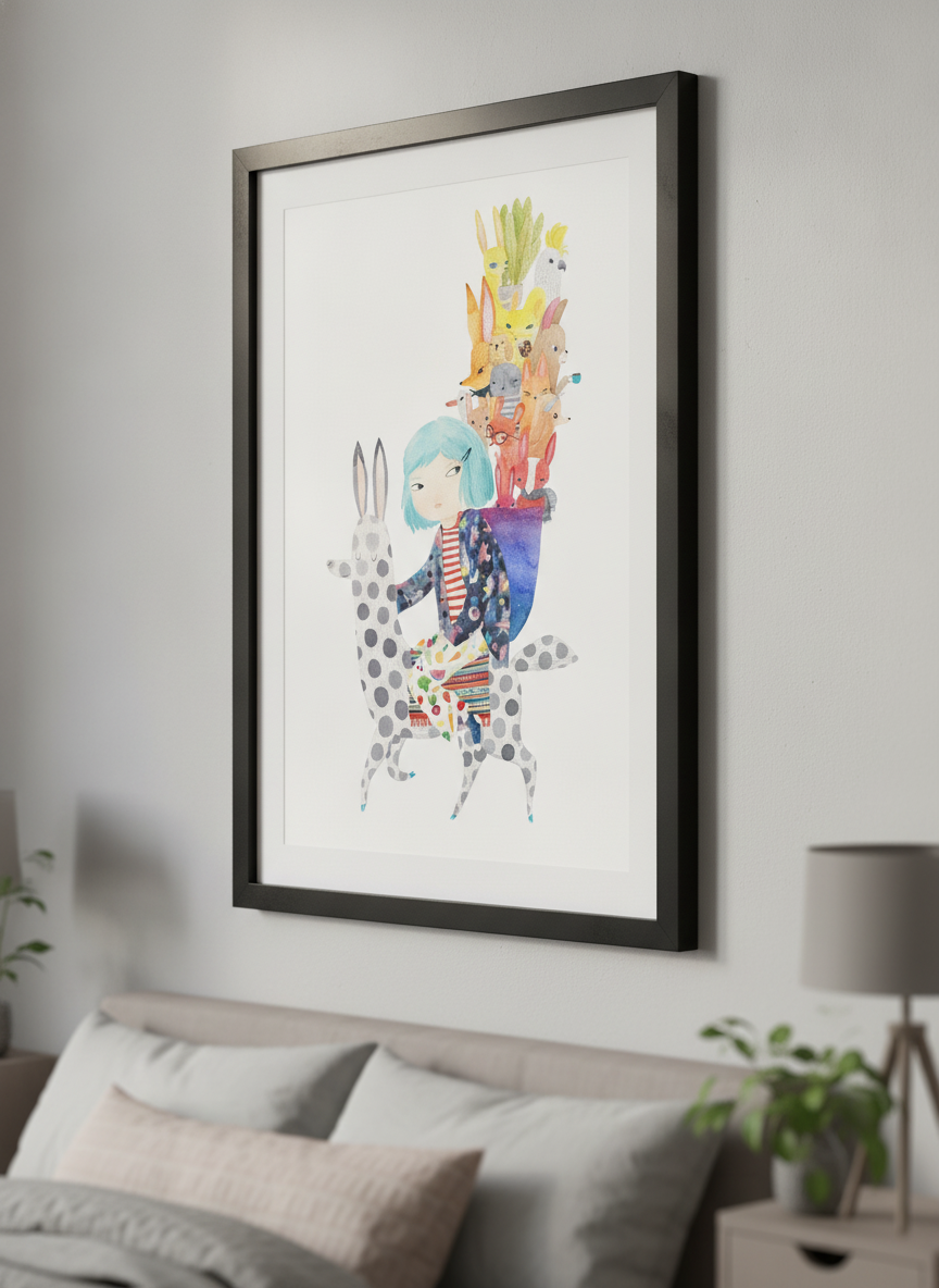 Minimalist artwork displayed in a calm, light-filled bedroom interior