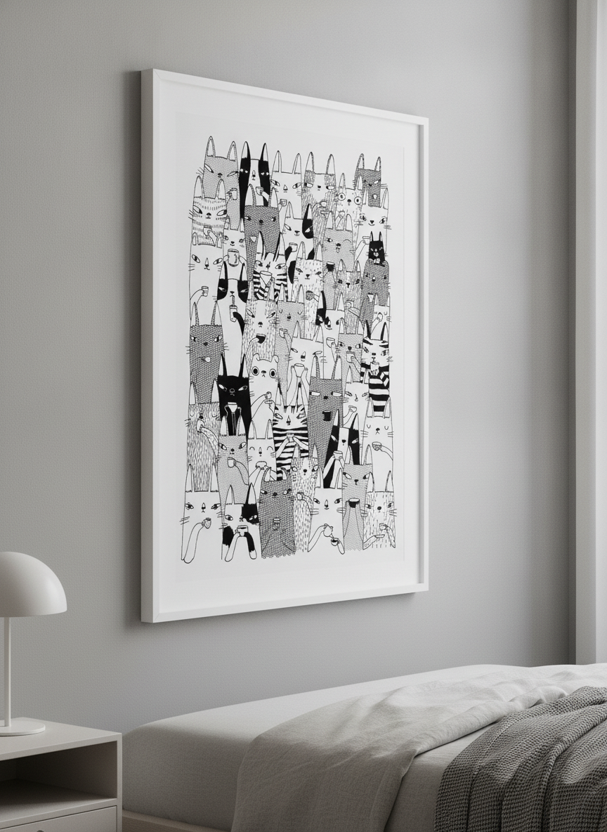 Minimalist artwork displayed in a calm, light-filled bedroom interior