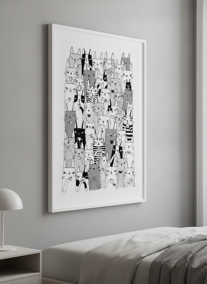Minimalist artwork displayed in a calm, light-filled bedroom interior