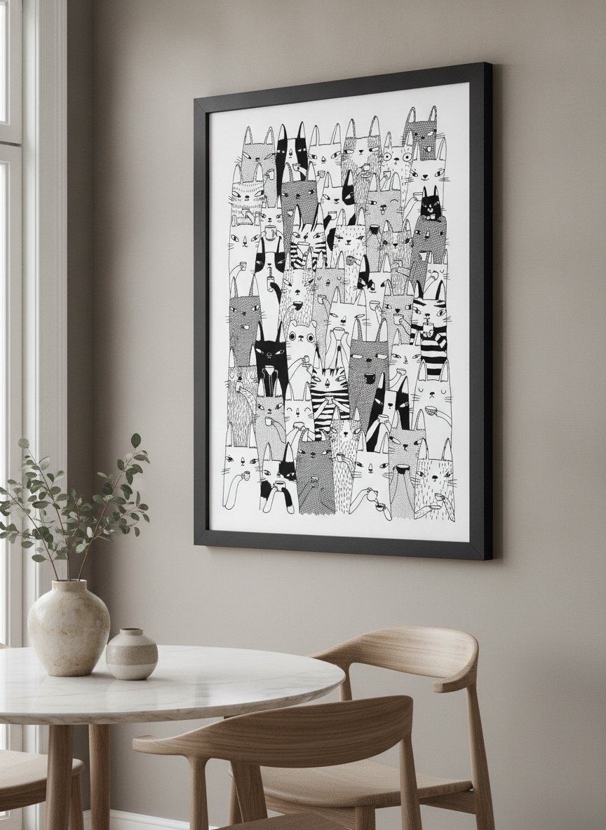 Wall art styled above a dining table in a contemporary home