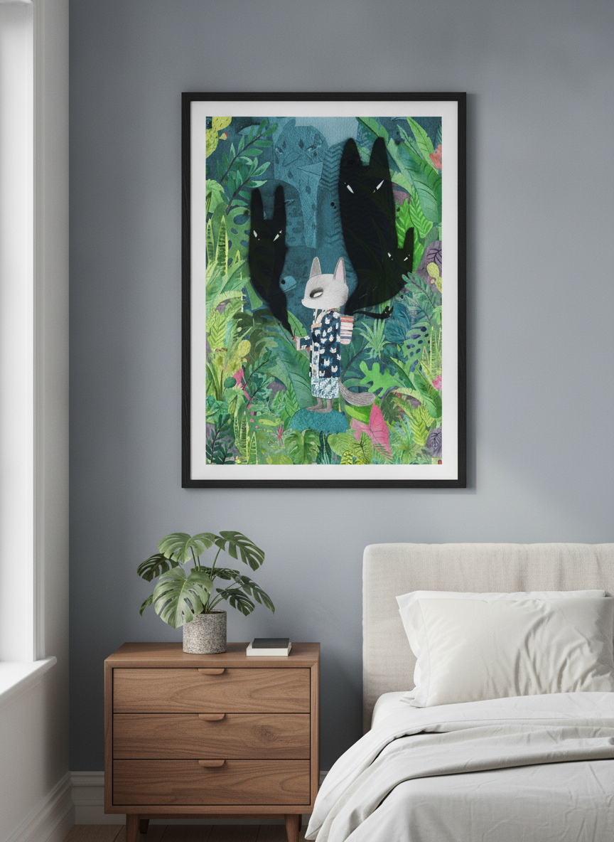Minimalist artwork displayed in a calm, light-filled bedroom interior