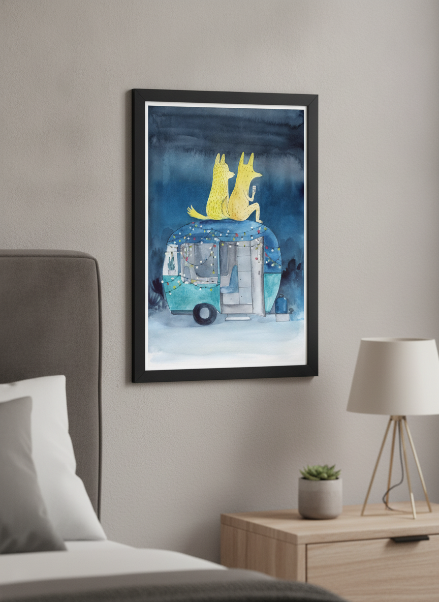 Minimalist artwork displayed in a calm, light-filled bedroom interior