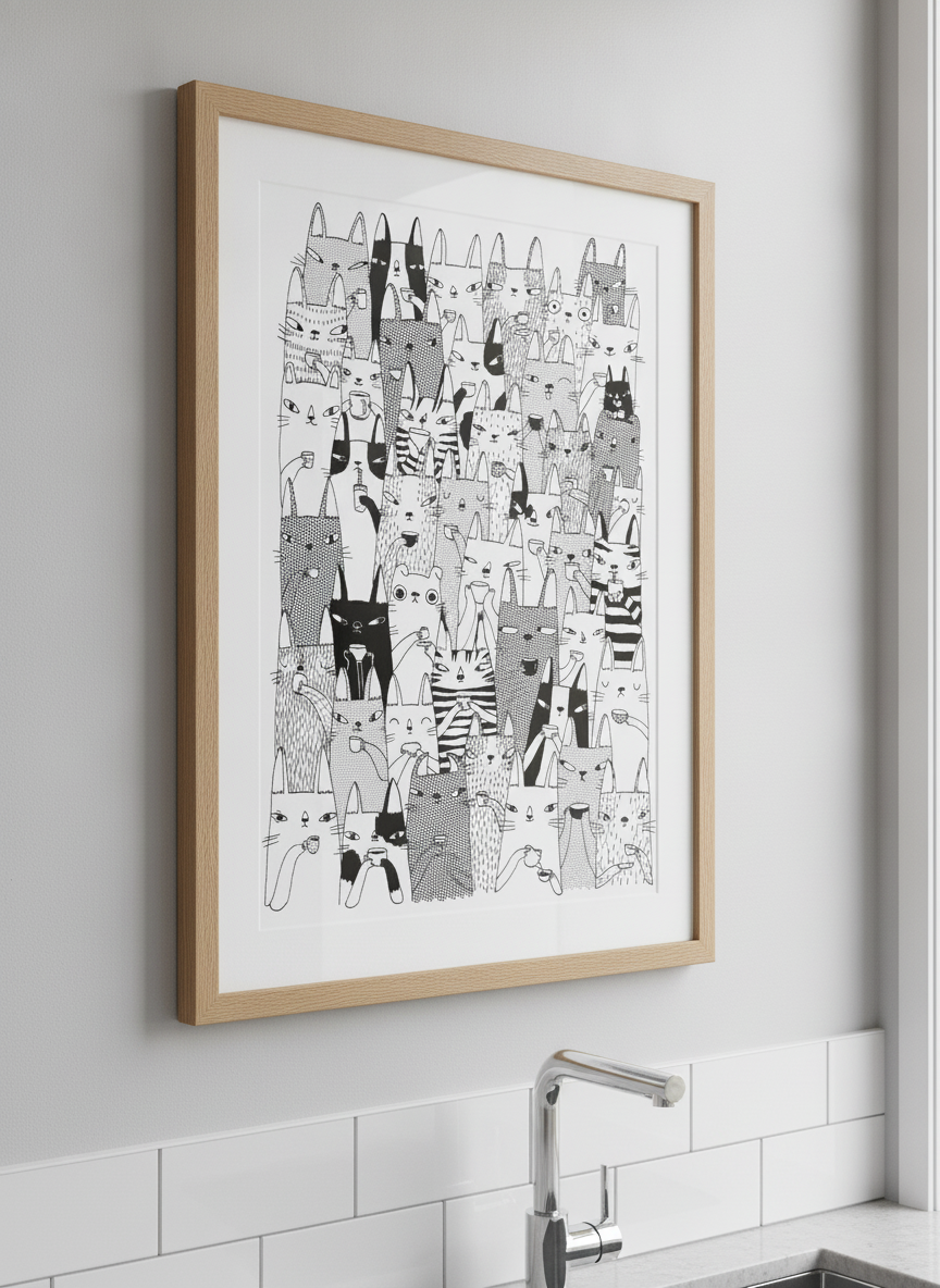 Artwork styled on the wall of a bright modern kitchen