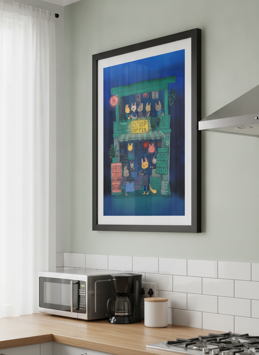 Artwork styled on the wall of a bright modern kitchen