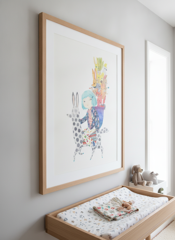 Soft neutral wall art styled in a serene nursery with pastel tones