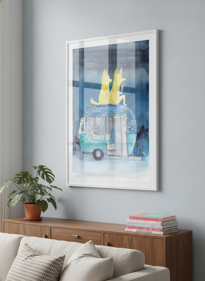 Modern wall art styled above a sofa in a neutral living room