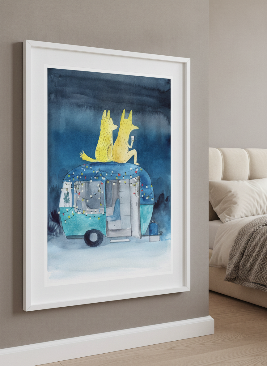 Minimalist artwork displayed in a calm, light-filled bedroom interior
