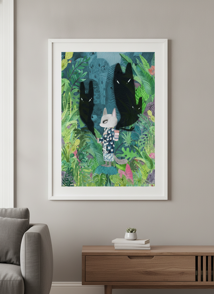 Modern wall art styled above a sofa in a neutral living room