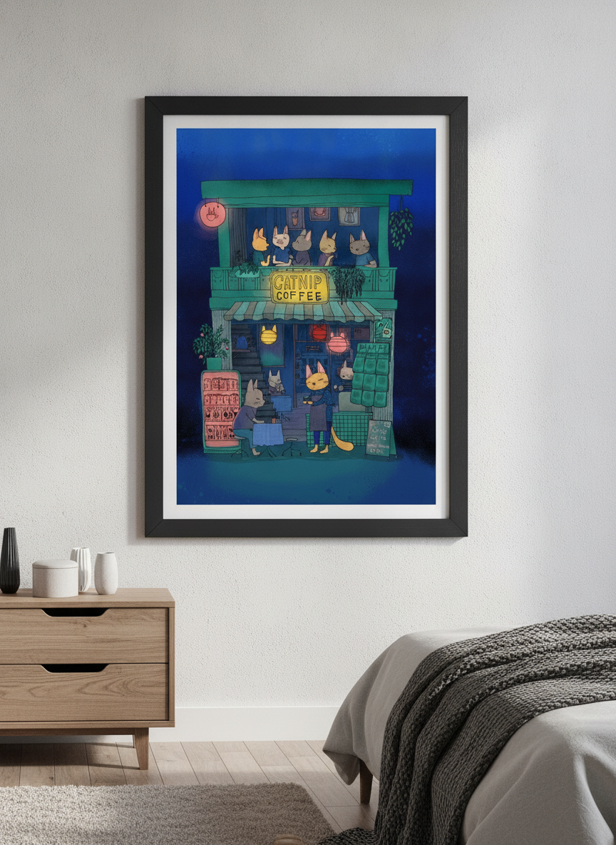 Minimalist artwork displayed in a calm, light-filled bedroom interior