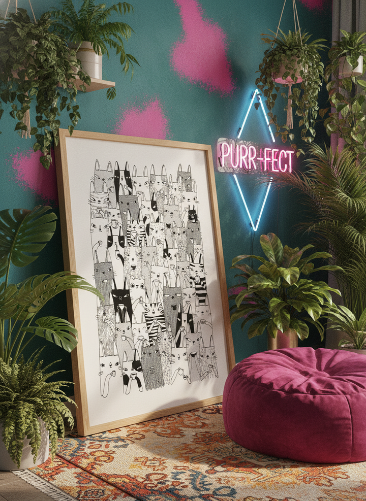 Bold wall art styled in a colourful, eclectic modern home
