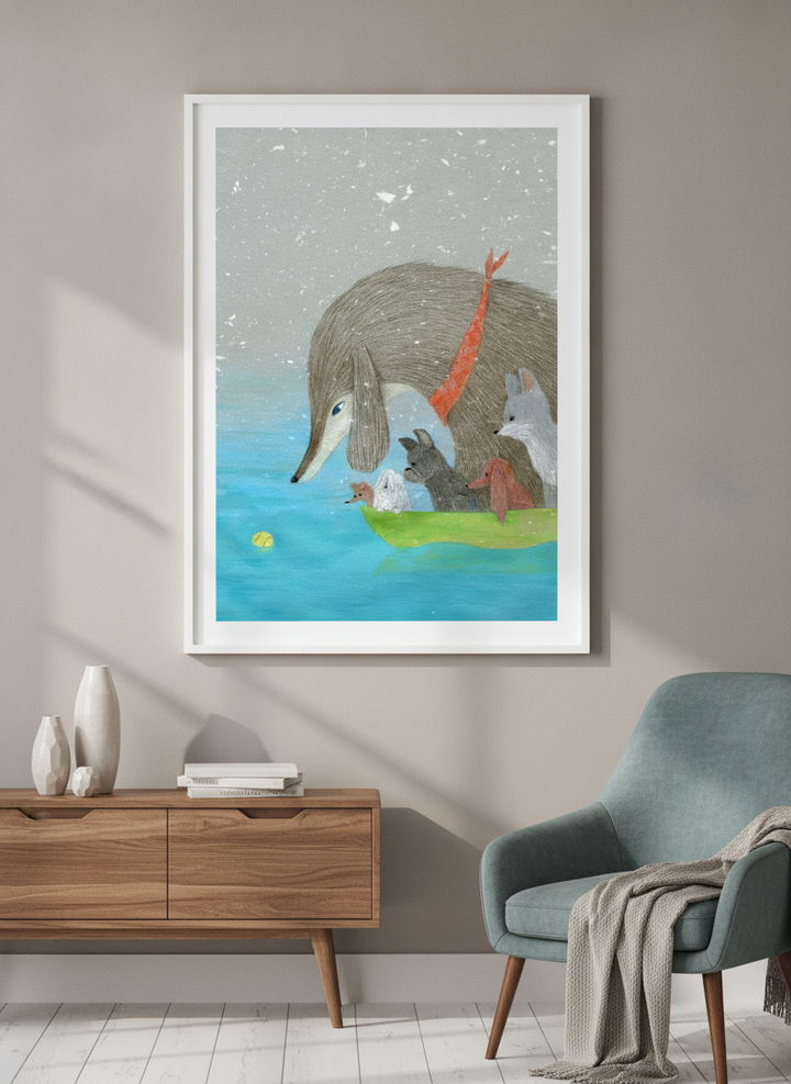Modern wall art styled above a sofa in a neutral living room