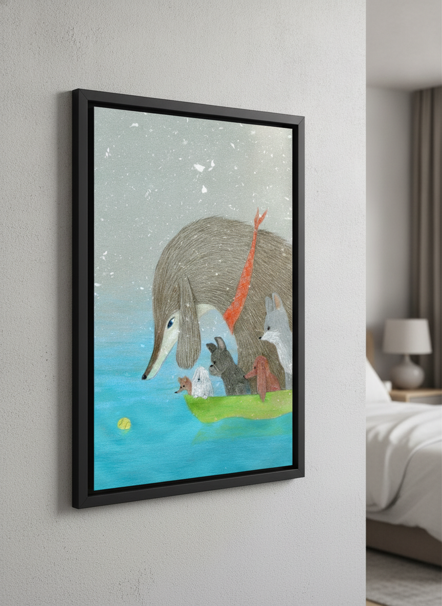 Minimalist artwork displayed in a calm, light-filled bedroom interior