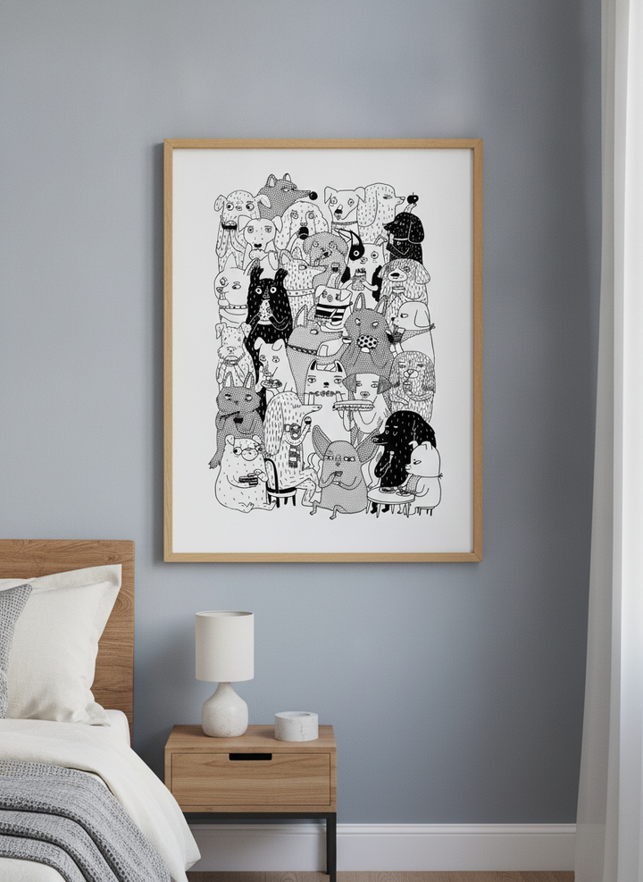 Minimalist artwork displayed in a calm, light-filled bedroom interior