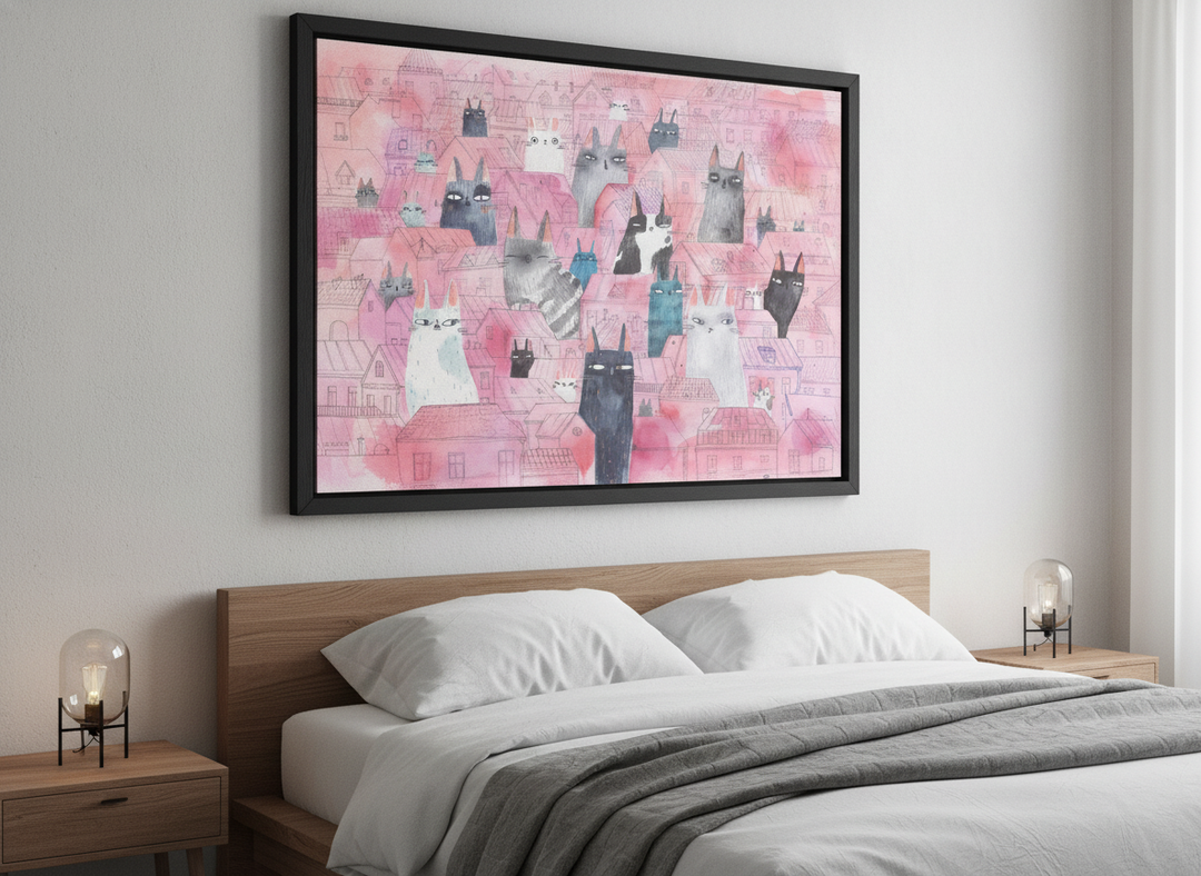 Minimalist artwork displayed in a calm, light-filled bedroom interior