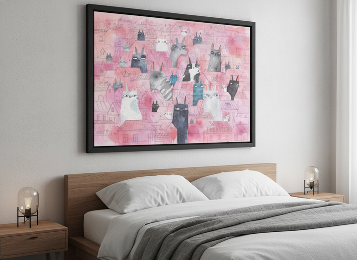 Minimalist artwork displayed in a calm, light-filled bedroom interior