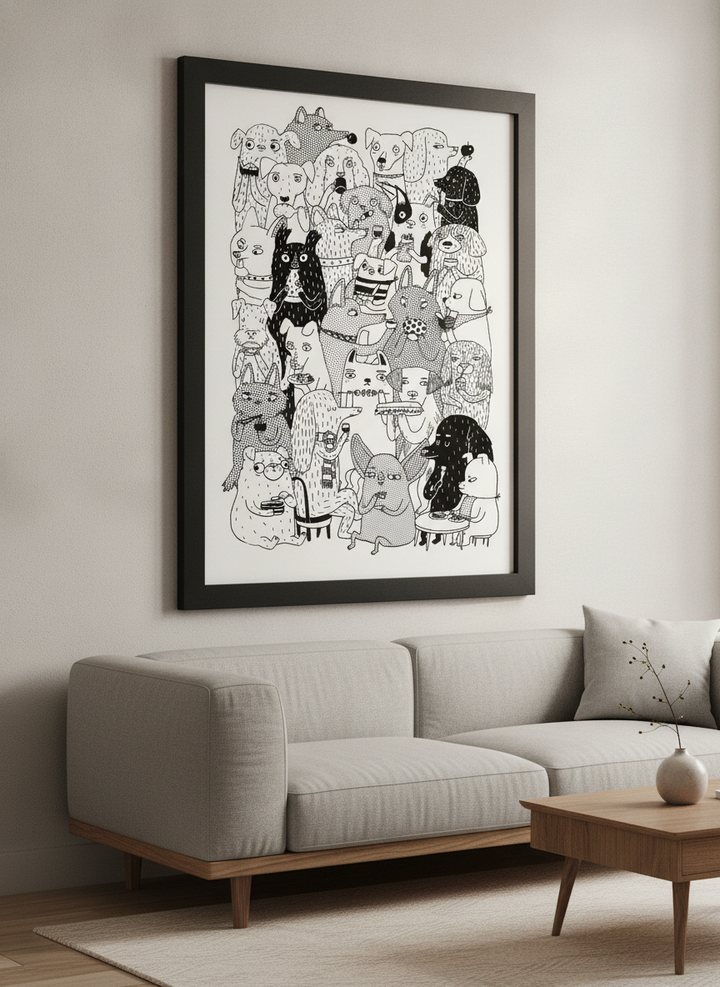 Modern wall art styled above a sofa in a neutral living room