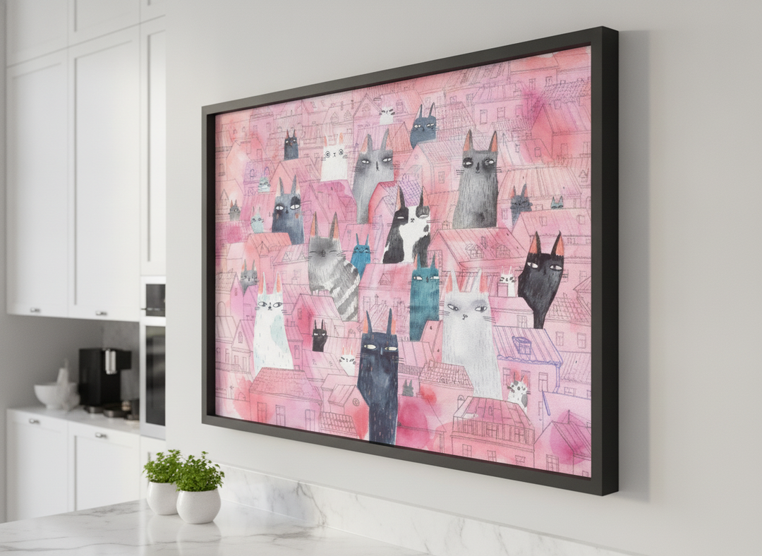 Artwork styled on the wall of a bright modern kitchen
