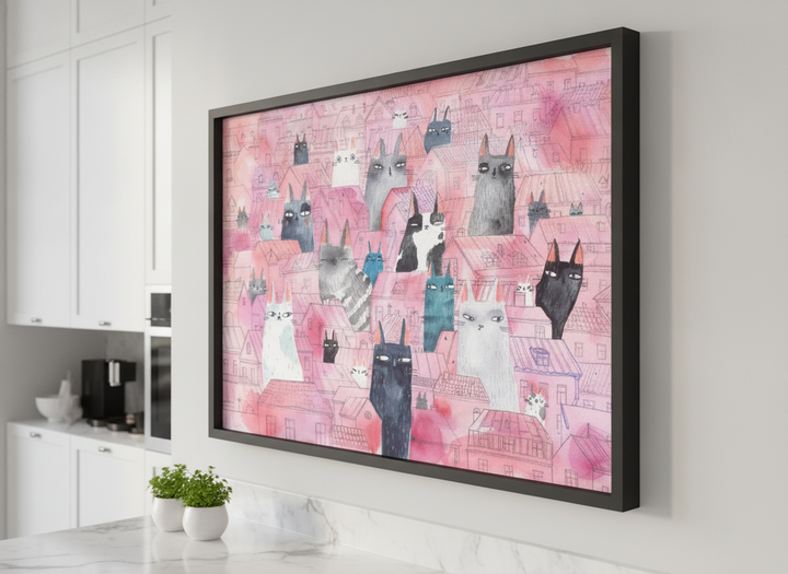 Artwork styled on the wall of a bright modern kitchen