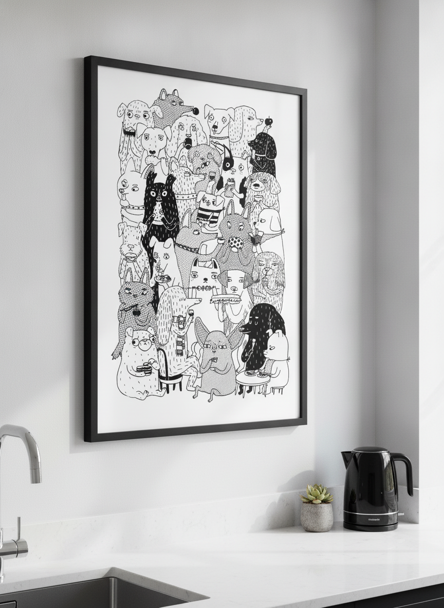 Artwork styled on the wall of a bright modern kitchen