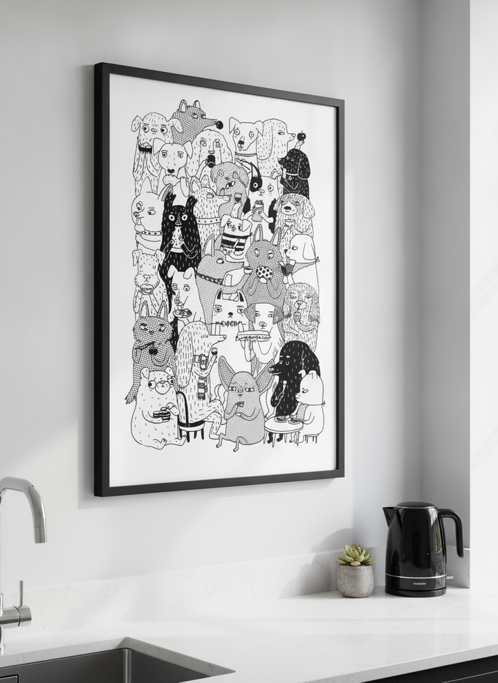 Artwork styled on the wall of a bright modern kitchen