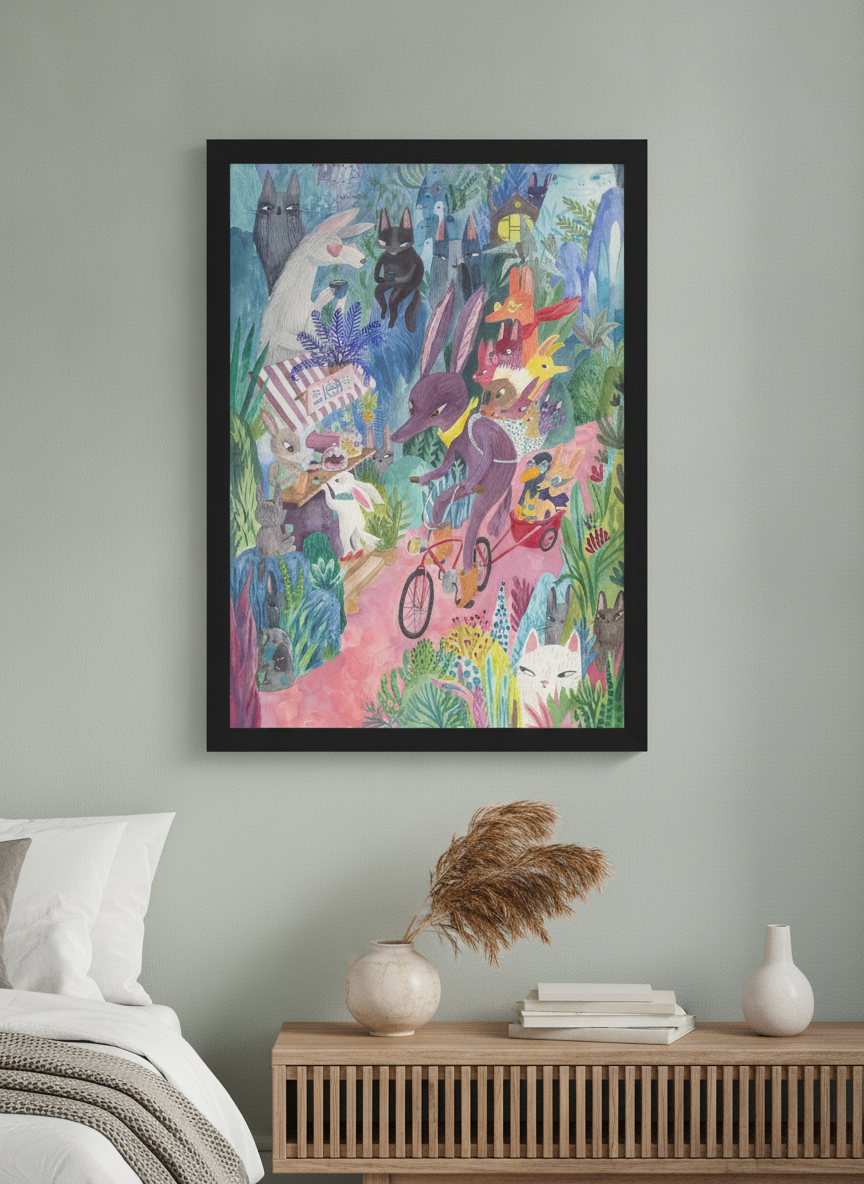 Minimalist artwork displayed in a calm, light-filled bedroom interior