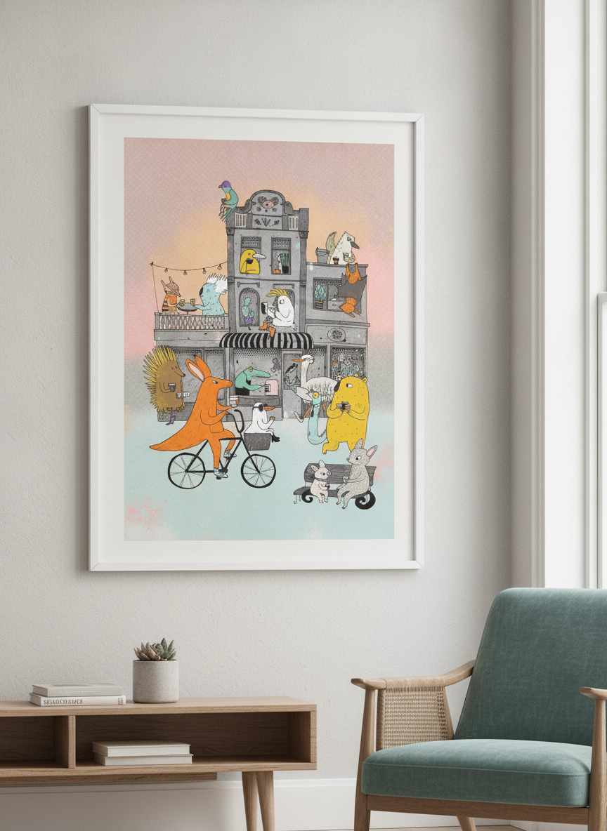 Modern wall art styled above a sofa in a neutral living room